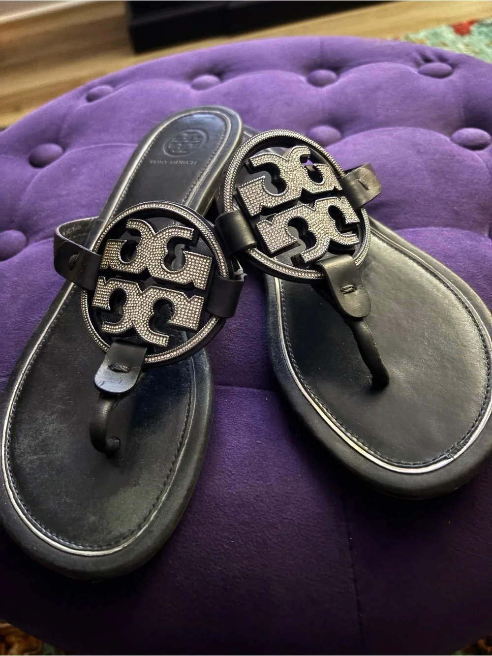 Tory Burch Black Leather Logo Thong Sandals with Crystal Accent